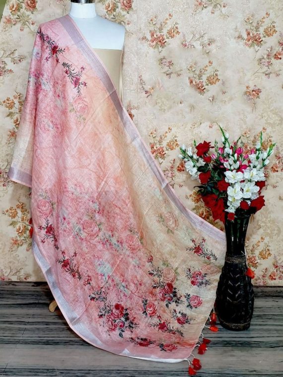 Subtle Pink Yellow Base Designer Digital Linen Dupatta_