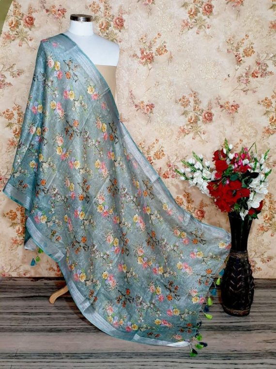 Teal blue Floral Digital Linen Dupatta