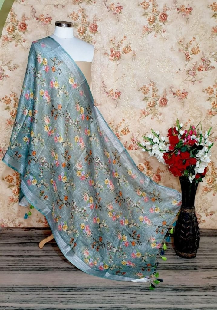Soft Ombre Pink & Teal Blue Dupatta with Ethnic Print Border
