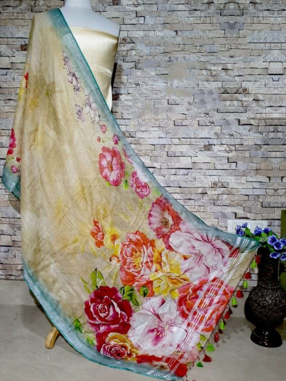 Yellow Base Floral Design with Sea green border Digital Linen Dupatta_