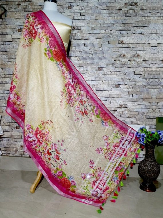 Yellow Base with Dark Pink Floral Design Dupatta