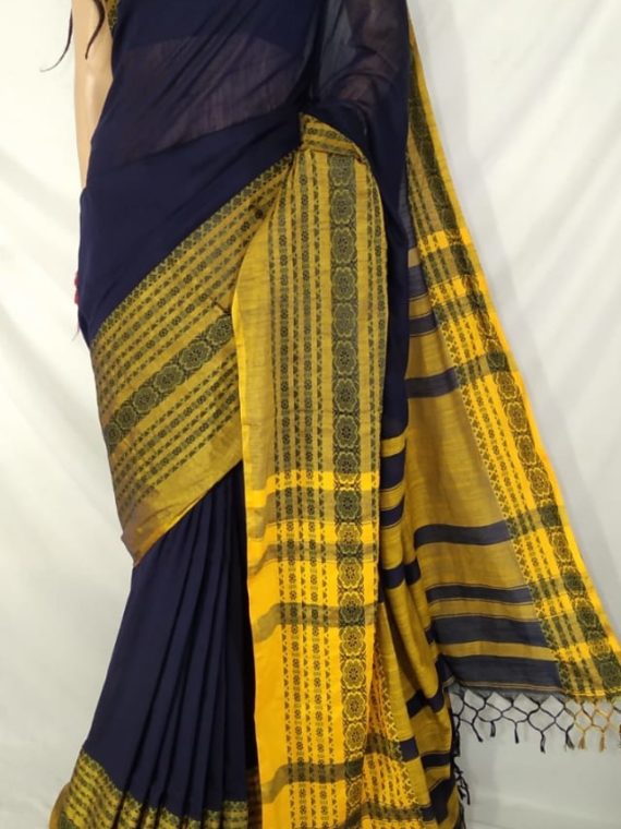 Awesome Navy Blue Yellow Pure Cotton Begampuri Saree