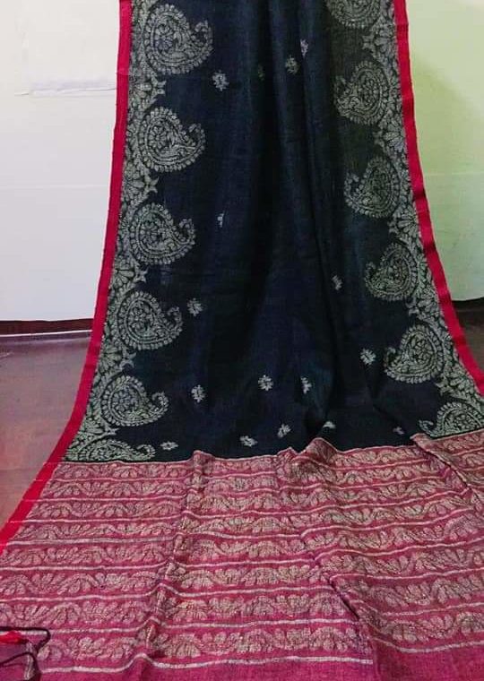 Beautiful Black Linen Saree with Mango Design Border