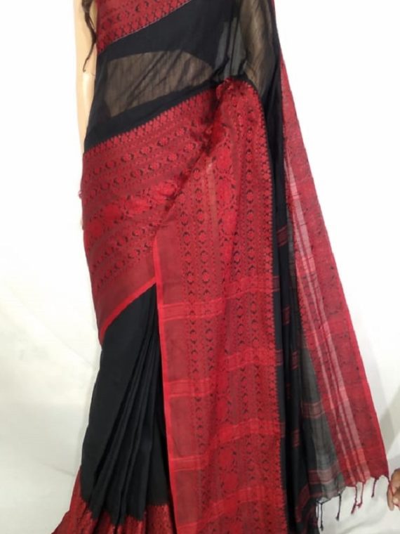 Beautiful Black Red Pure Cotton Begampuri Saree