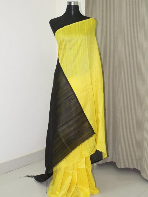 Beautiful Yellow Black Fusion Plain Tussar Raw Silk Saree