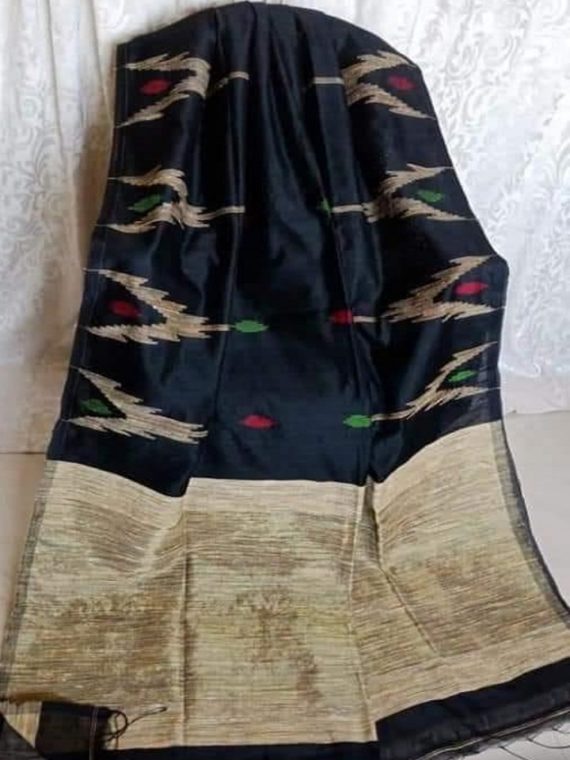 Black Cotton Silk Saree With Giccha Weave On Border Pallu