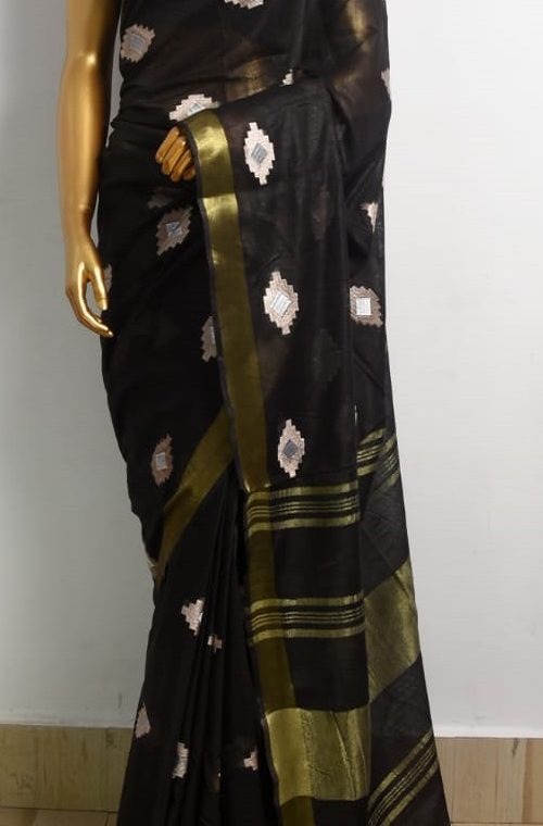 Black Linen Embroidery Saree With Beautiful Butta Work