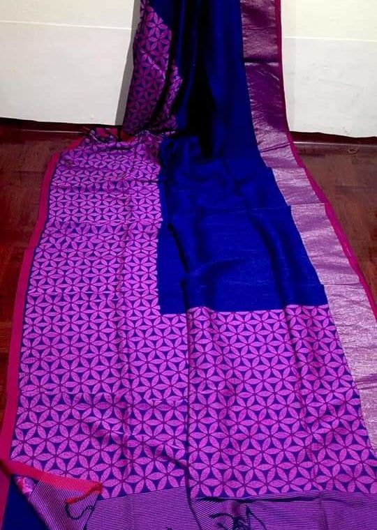 Blue Cotton Linen Saree with Flower Of Life Pallu Border