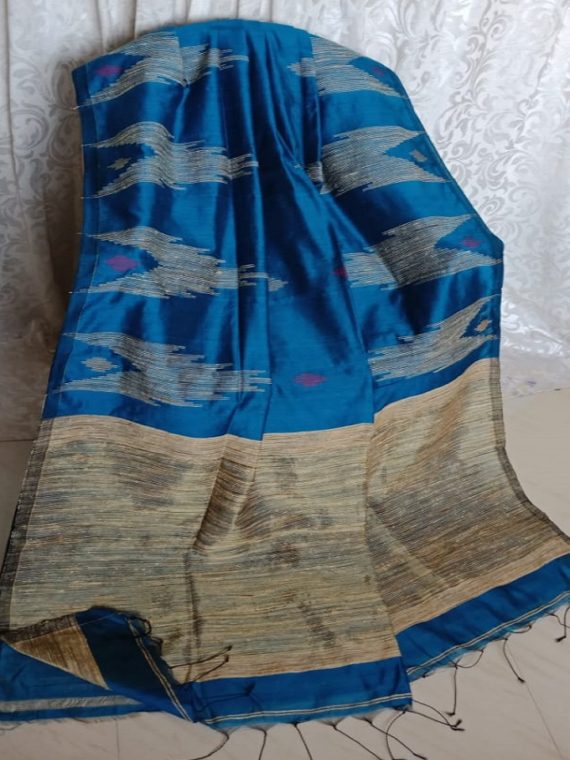 Blue Cotton Silk Saree With Giccha Weave On Border Pallu