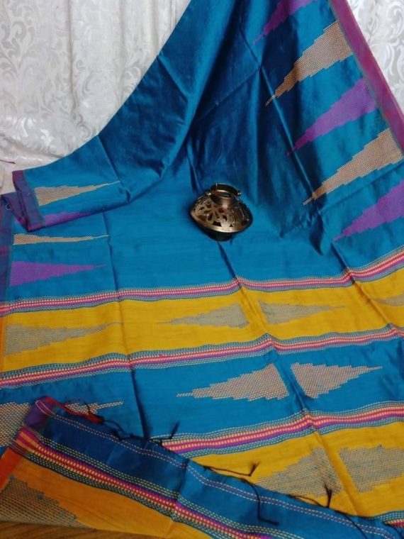 Blue Yellow Ikkat Design Cotton Silk Saree with Beautiful Pallu