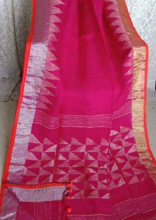 Captivating Dark Pink Linen Saree with Silver Golden Temple Border