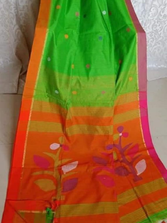 Captivating Green Orange Ball Butti Cotton Silk Saree With Designer Pallu