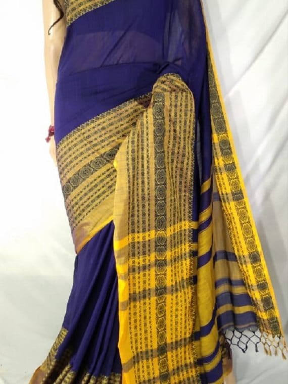 Captivating Violet Yellow Pure Cotton Begampuri Saree