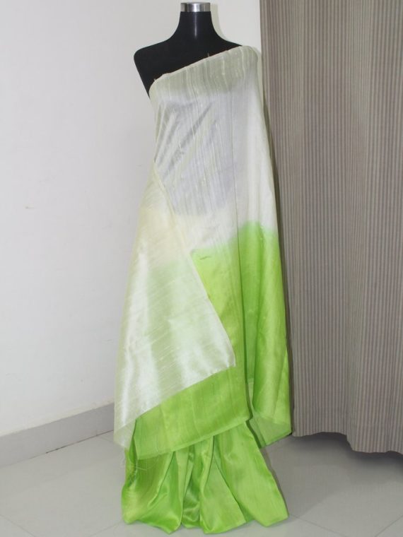 Charming Off-white Green Blend Fusion Plain Tussar Raw Silk Saree