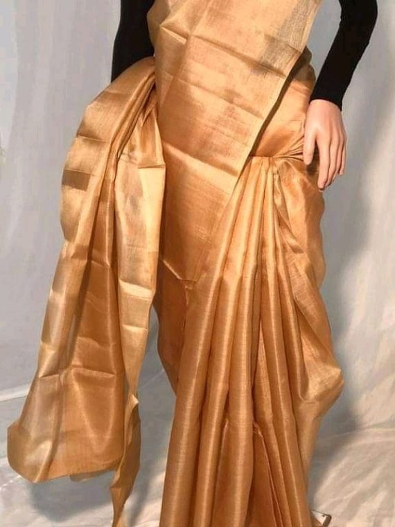 Copper Golden Plain Pure Tussar Silk Saree