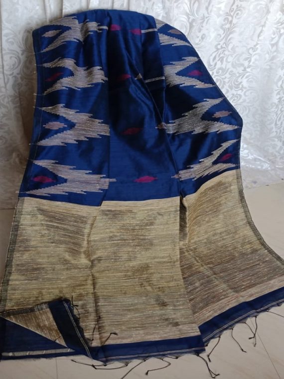 Dark Blue Cotton Silk Saree With Giccha Weave On Border Pallu