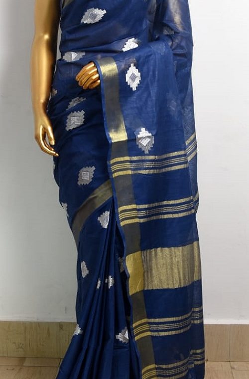 Dark Blue Linen Embroidery Saree With Beautiful Butta Work