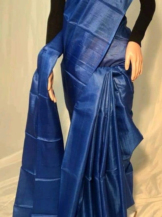 Dark Blue Plain Pure Tussar Silk Saree