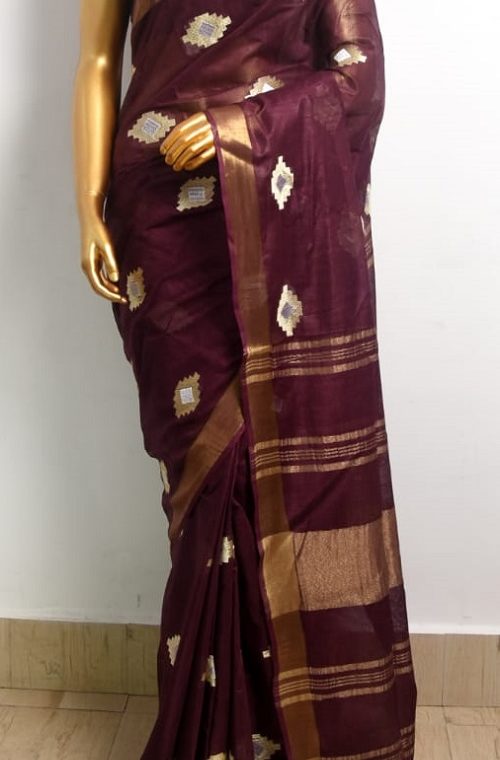 Dark Burgundy Linen Embroidery Saree With Beautiful Butta Work