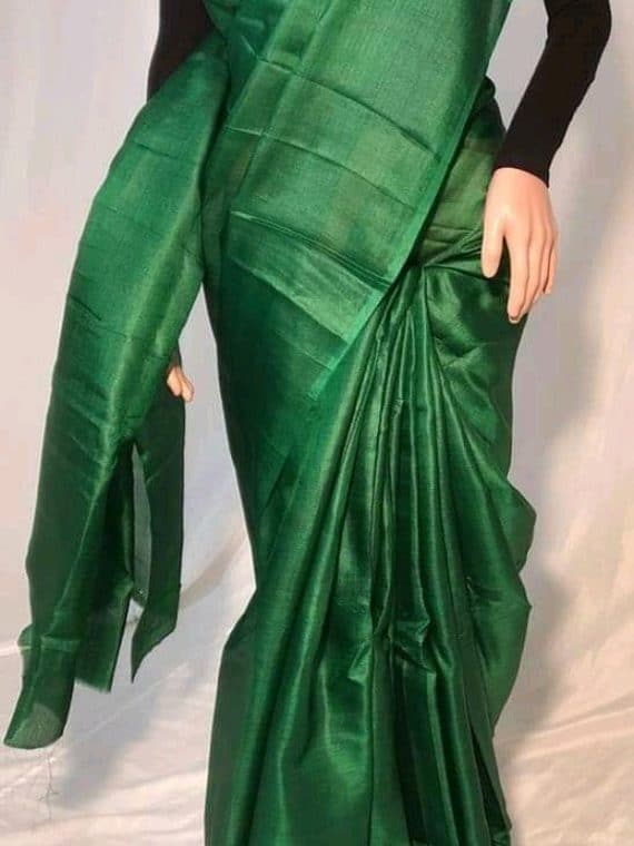 Dark Green Plain Pure Tussar Silk Saree