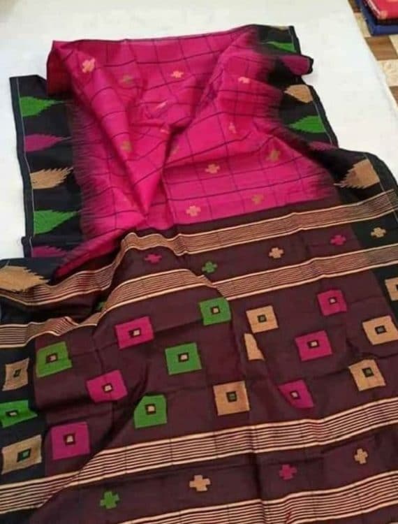 Dark Pink Check Design Cotton Silk Saree With Ikkat Weaving