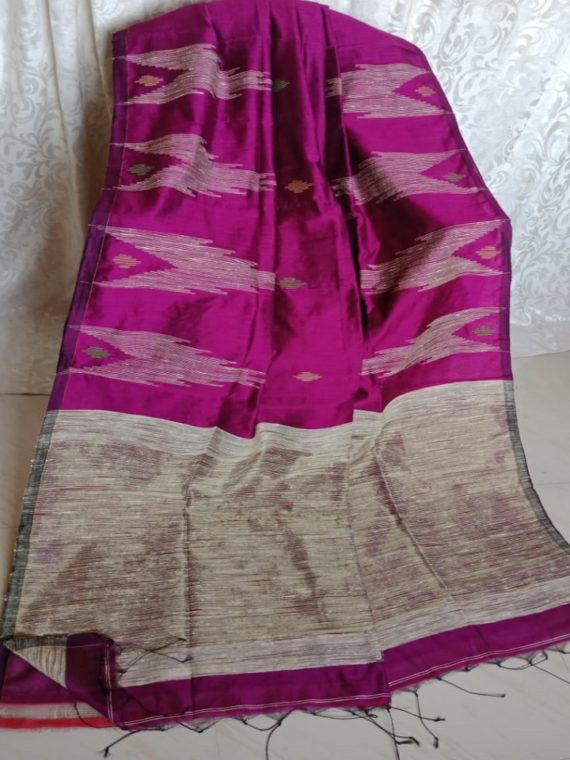 Dark Pink Cotton Silk Saree With Giccha Weave On Border Pallu