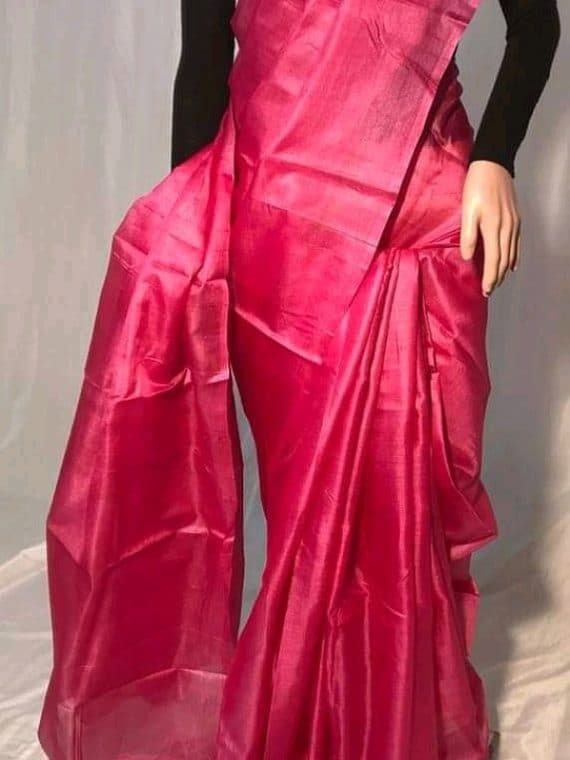 Dark Pink Plain Pure Tussar Silk Saree