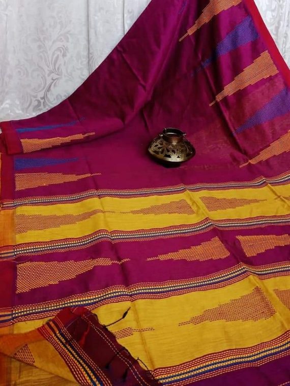 Dark Pink Yellow Ikkat Design Cotton Silk Saree with Beautiful Pallu