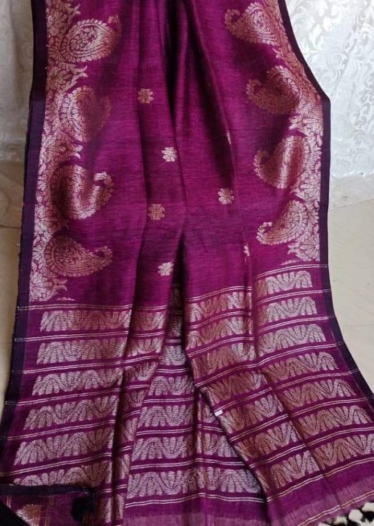 Dark Purple Linen Saree with Mango Design Border