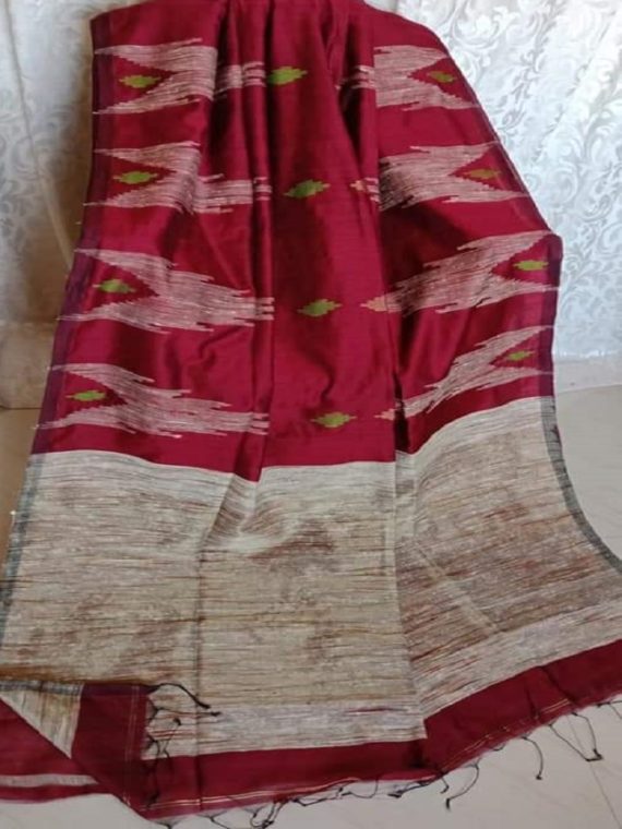 Dark Red Cotton Silk Saree With Giccha Weave On Border Pallu