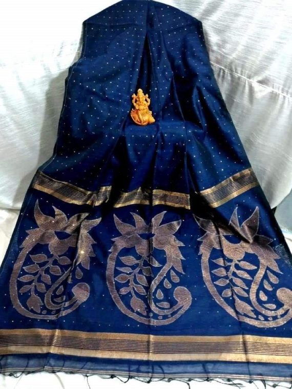 Dazzling Dark Blue Sequins Cotton Silk Saree With Exclusively Designed Pallu