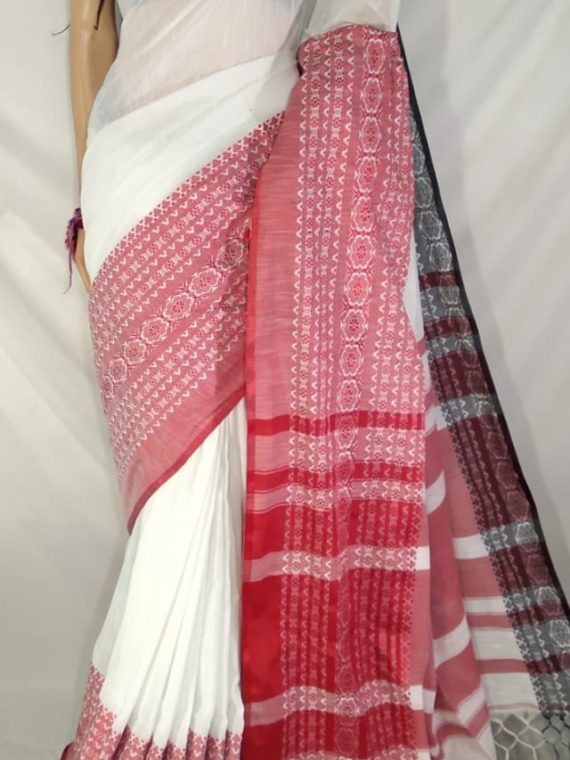 Divine White with Red Black Fusion Pure Cotton Begampuri Saree