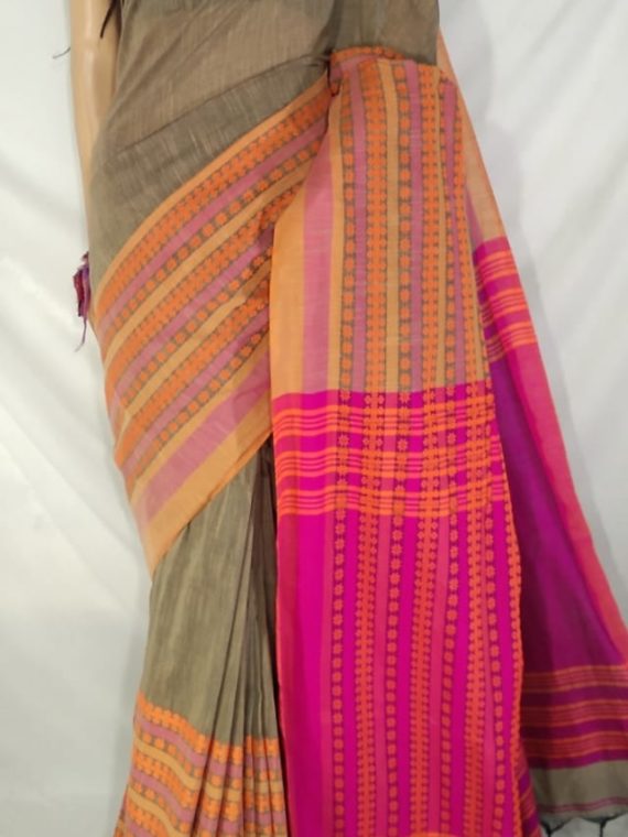 Dusky Brown Pure Cotton Begampuri Saree