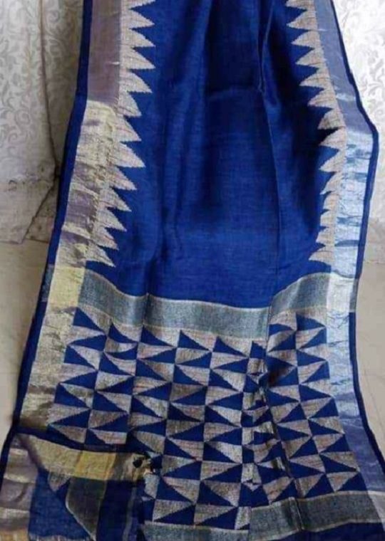 Elegant Royal Blue Linen Saree with Temple Border And Exclusive Designer Pallu