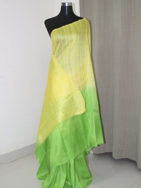 Elegant Yellow Green Blend Fusion Plain Tussar Raw Silk Saree