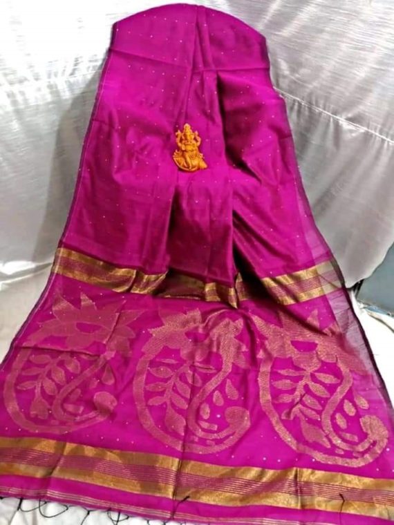 Enticing Dark Pink Sequins Cotton Silk Saree With Exclusively Designed Pallu