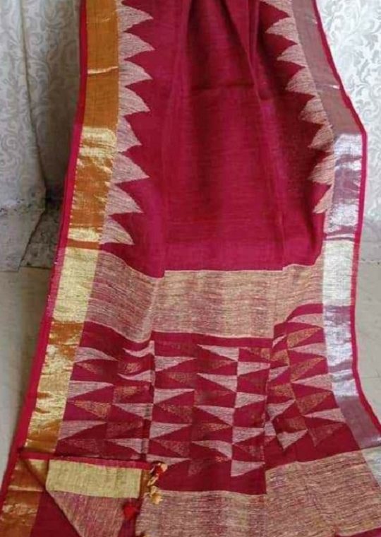 Gorgeous Dark Red Linen Saree with Silver Golden Temple Border