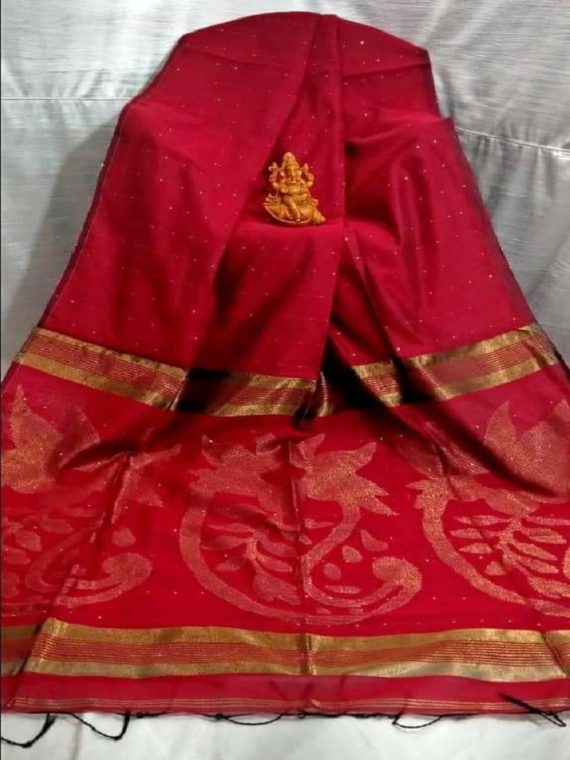 Gorgeous Red Sequins Cotton Silk Saree With Exclusively Designed Pallu