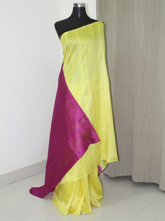 Gorgeous Yellow Pink Fusion Plain Tussar Raw Silk Saree