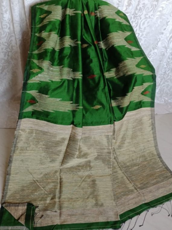 Green Cotton Silk Saree With Giccha Weave On Border Pallu