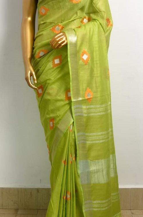 Green Linen Embroidery Saree With Beautiful Butta Work