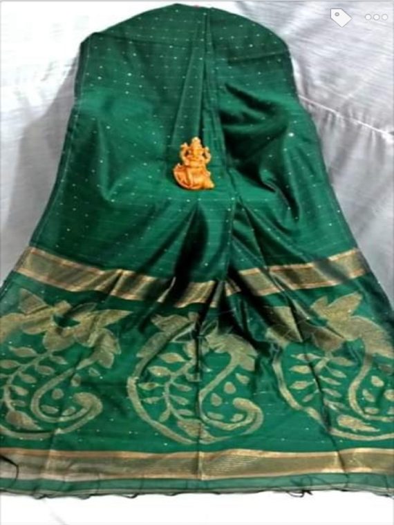 Lovely DarknGreen Sequins Cotton Silk Saree With Exclusively Designed Pallu