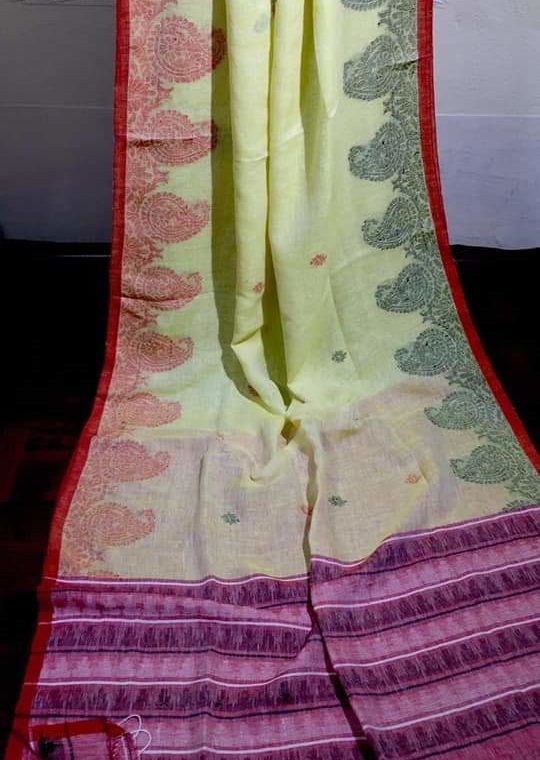 Lovely Yellow Linen Saree with Mango Design Border