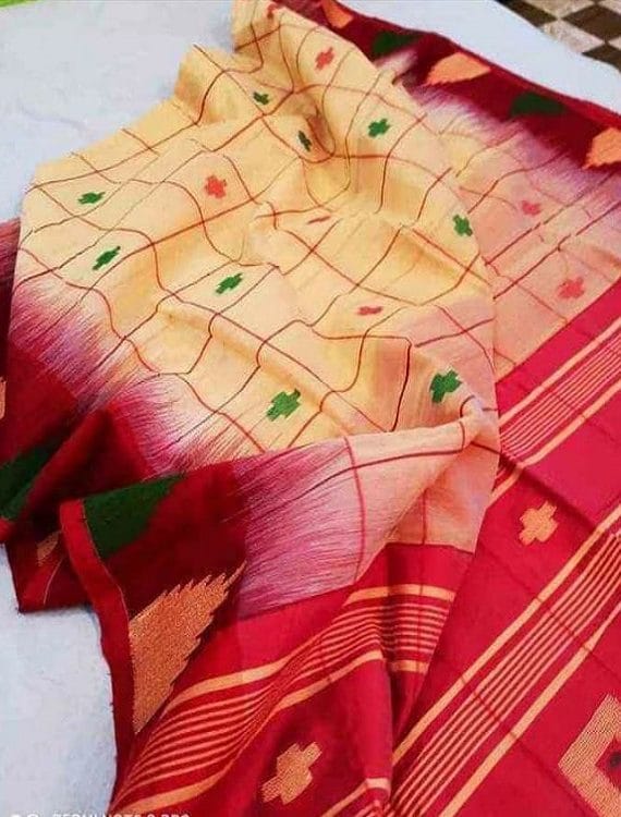 Mango Yellow Check Design Cotton Silk Saree With Ikkat Weaving