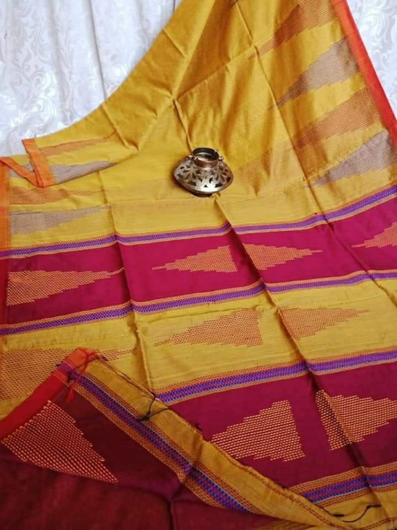 Mango Yellow Red Ikkat Design Cotton Silk Saree with Beautiful Pallu