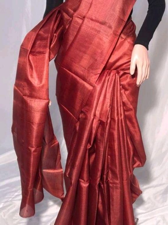 Maroon Plain Pure Tussar Silk Saree