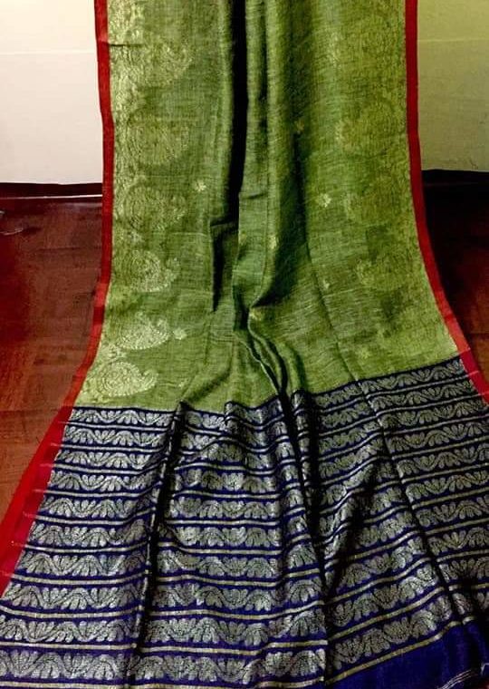 Marvellous mehendi Green Linen Saree with Mango Design Border