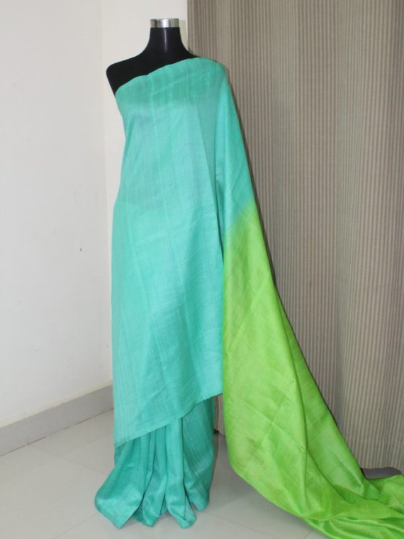 Mesmerizing Green Fusion Plain Tussar Raw Silk Saree