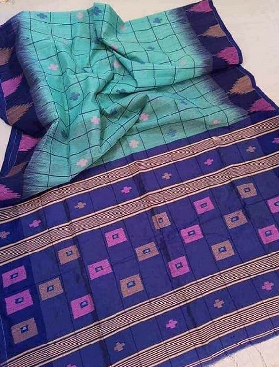 Ocean Blue Check Design Cotton Silk Saree With Ikkat Weaving