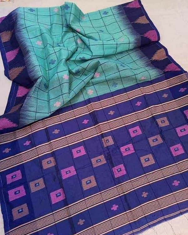 Ocean Blue Check Design Cotton Silk Saree With Ikkat Weaving - Loomfolks